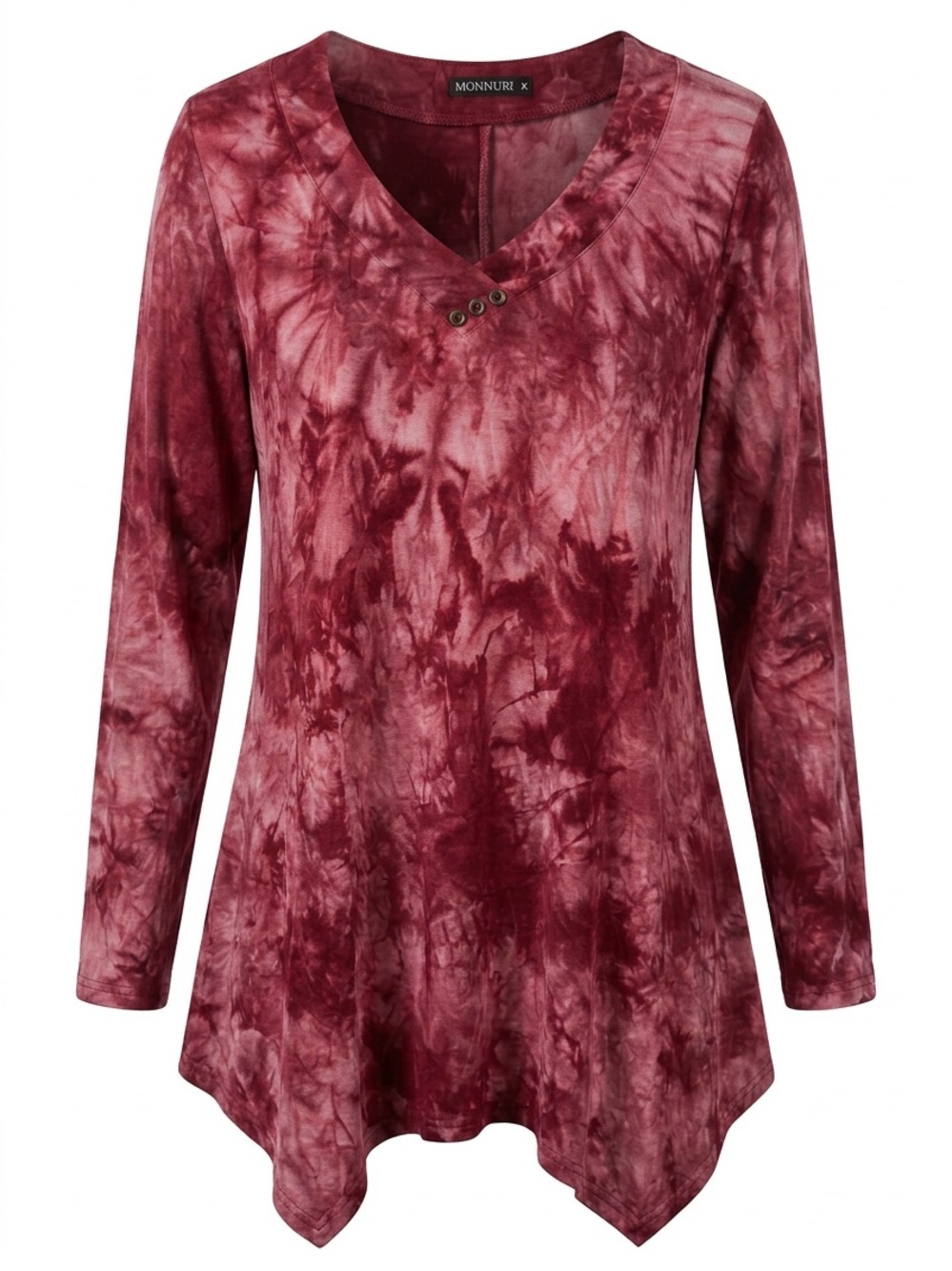 Burgundy Tie-Dye V-Neck Long Sleeve Tunic